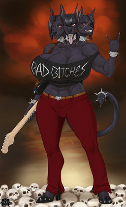 3_breasts 3_heads 5_fingers anthro big_breasts black_body black_fur black_hair bone bottomwear bracelet breasts chain cleavage clothed clothing collar devil_horns_(gesture) electric_guitar facial_piercing facial_scar female fingers footwear fully_clothed fur gesture guitar hair hand_gesture high_heels holding_guitar holding_musical_instrument holding_object jewelry living_tail looking_at_viewer midriff multi_breast multi_head musical_instrument nose_piercing nose_ring one_eye_closed open_mouth pants piercing plucked_string_instrument red_eyes ring_piercing scar shirt shoes short_hair skull smile snake_tail solo spiked_bracelet spiked_collar spikes string_instrument tail text text_on_clothing text_on_shirt text_on_topwear tongue tongue_out tongue_piercing topwear unusual_anatomy unusual_tail blackfox85 european_mythology greek_mythology mythology adonia_(blackfox85) canid canid_demon canine cerberus demon hellhound mammal mythological_canine mythological_creature reptile scalie snake 2021 absurd_res digital_media_(artwork) english_text hi_res