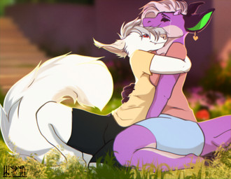 ambiguous/ambiguous ambiguous_gender anthro bodily_fluids clothing crying duo ear_piercing ear_ring ear_tuft ears_back eyes_closed flower fluffy fur grass hair happy horn hug looking_at_another looking_pleasured outside piercing pivoted_ears plant purple_body purple_skin ring_piercing simple_background smile tail tears teeth tuft white_body white_fur white_tail shyryp canid canine fennec_fox fox kobold mammal scalie true_fox absurd_res digital_media_(artwork) hi_res