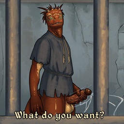 anthro balls big_penis bodily_fluids bottomless bottomless_anthro bottomless_male clothed clothing cum cum_string cumshot dialogue ejaculation erection foreskin genital_fluids genitals glans glistening glistening_genitalia glistening_glans glistening_penis humanoid_genitalia humanoid_penis looking_at_viewer male masturbation orgasm penile penile_masturbation penis prison prisoner retracted_foreskin solo text thick_penis vein veiny_penis tall_lizzard bethesda_game_studios microsoft oblivion the_elder_scrolls amusei argonian reptile scalie 1:1 english_text