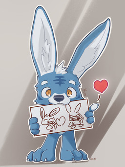 3_toes ambiguous_gender anthro blue_body blue_fur brown_eyes claws eyebrows feet finger_claws front_view fur gesture hair heart_symbol holding_object holding_sign inner_ear_fluff looking_at_viewer pupils ringed_iris sign simple_background solo tan_background text toe_claws toes tuft waving waving_at_viewer white_body white_eyebrows white_fur white_hair white_inner_ear white_inner_ear_fluff white_sclera kuromonsart kuro_(kuromonsart) lagomorph leporid mammal rabbit 2021 3:4 absurd_res artist_name colored dated digital_drawing_(artwork) digital_media_(artwork) english_text full-length_portrait hi_res portrait