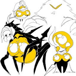 belly big_breasts biped black_arms black_body black_legs breasts cloak clothing eyelashes female fur group holding_pickaxe orange_breasts orange_eyes pickaxe simple_background standing white_background osakana2gou hollow_knight_(franchise) team_cherry broken_vessel_(hollow_knight) myla_(hollow_knight) nosk_(hollow_knight) radiance_(hollow_knight) the_infection_(hollow_knight) arthropod infected_(species) insect lepidopteran moth vessel_(species) 1:1 2022