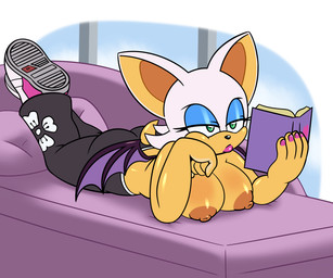 anthro areola big_breasts biped bottomwear breasts clothed clothing eyelashes female fingers footwear inside lying nipples pupils shoes solo thick_thighs three-quarter_view hyoumaru sega sonic_the_hedgehog_(series) rouge_the_bat bat mammal 6:5 hi_res
