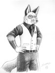 anthro belt black_body black_fur bottomwear clothed clothing eyewear fully_clothed fur hands_on_hips male monocle necktie pants shirt simple_background solo standing suit_jacket tail topwear white_background white_body white_fur some_(someone) canid canine fox mammal absurd_res graphite_(artwork) hi_res pencil_(artwork) traditional_media_(artwork)