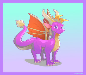 ambiguous_gender border claws digitigrade eyebrows feral gradient_background horn looking_at_viewer membrane_(anatomy) membranous_wings orange_membrane orange_wings pink_inner_ear purple_body purple_border purple_eyes purple_scales scales simple_background snout solo spade_tail standing tail white_claws wings dyyrlysh activision european_mythology mythology spyro_the_dragon spyro dragon mythological_creature mythological_scalie scalie western_dragon 2026 absurd_res aliasing aseprite_(artwork) digital_drawing_(artwork) digital_media_(artwork) full-length_portrait hi_res portrait shaded
