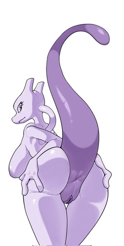 anthro bent_over big_breasts breasts butt female genitals huge_breasts long_tail looking_at_viewer looking_back looking_back_at_viewer presenting presenting_hindquarters purple_body purple_eyes purple_vulva raised_tail simple_background solo tail tail_anus thick_tail vulva numbskull nintendo pokemon generation_1_pokemon legendary_pokemon mewtwo pokemon_(species) hi_res
