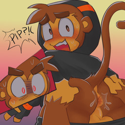 anthro anus aroused_face balls black_clothing blush blush_lines bodily_fluids bottomwear bottomwear_down brown_body brown_eyes brown_fur butt butt_grab canon_x_oc clothed clothing duo embarrassed eyebrows fingerless_gloves fur genitals gloves hairless_balls hairless_face hairless_hands hand_on_butt handwear hoodie imminent_sex long_tail looking_at_anus looking_at_butt male male/male pants pants_down partially_clothed perineum pink_anus red_eyes shadowed_eyes slick speech_bubble surprised sweat tail topwear snake_venom bloons_tower_defense ninja_kiwi pip_(snake_venom) quincy_(bloons) haplorhine mammal monkey primate 1:1 hi_res