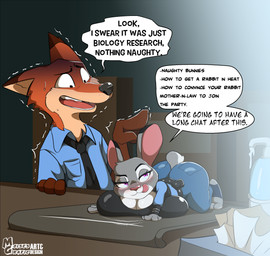 anthro big_breasts big_butt blush bodily_fluids breast_squish breasts butt clothed clothing dialogue duo female half-closed_eyes huge_breasts lotion lying male male/female narrowed_eyes nervous nervous_sweat on_front police police_uniform scut_tail short_tail speech_bubble squish sweat sweatdrop tail text tissue tissue_box tongue tongue_out uniform wide_hips moisesgrafic disney zootopia judy_hopps nick_wilde canid canine european_rabbit fox lagomorph leporid mammal oryctolagus rabbit red_fox true_fox artist_name english_text hi_res signature