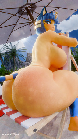 big_breasts big_butt biped blue_hair breasts butt chair detailed_background female furniture hair nude outside sitting solo tail thick_thighs umbrella yellow_body foxventus scrag_(modeler) animal_crossing nintendo ankha_(animal_crossing) domestic_cat felid feline felis mammal 3d_(artwork) 9:16 digital_media_(artwork) hi_res