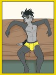 3:4 anthro barefoot black_hair border briefs briefs_only bulge canid canine clothed clothing feet fox fox_frat_dude_(fuze) fur furniture fuze grey_body grey_fur hair hi_res male mammal navel nipples on_sofa sitting sofa solo topless underwear underwear_only yellow_border yellow_briefs yellow_clothing yellow_underwear