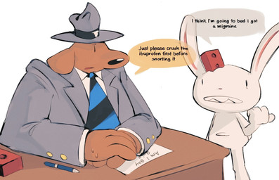 anthro big_nose bodily_fluids brick brown_body brown_fur clothed clothing desk dialogue duo fur furniture head_injury long_ears male necktie nude ouch paper pen sharp_teeth sitting speech_bubble standing suit sweat sweatdrop table teeth text white_body white_fur vestigialbones sam_and_max max_(sam_and_max) samuel_dog canid canine canis domestic_dog lagomorph leporid mammal rabbit english_text hi_res