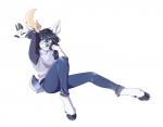 5_fingers anthro barefoot biped black_hair blue_eyes clothed clothing feet fingers grey_nose hair hooves male simple_background sitting solo white_background rikitoka deer mammal