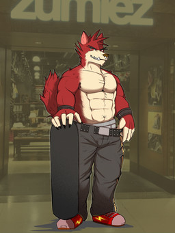 abs alternative_fashion anthro armpit_hair belt biceps body_hair bottomwear boxers_(clothing) clothed clothing eyebrows facial_piercing fangs fluffy fluffy_tail footwear fur grin hair holding_skateboard looking_at_viewer male muscular muscular_anthro muscular_male navel nose_piercing nose_ring pants pecs piercing pink_ears punk red_body red_eyes red_fur red_hair ring_piercing sagging_pants sharp_teeth shoes skateboard smile solo spiky_hair standing tail tan_body tan_fur teeth topless underbite underwear vehicle wristband sinisterdraws atlus go!_go!_hypergrind sega zumiez decker canid canine canis mammal wolf 2025 3:4 hi_res
