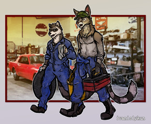 anthro bandage bandaged_arm bodily_fluids bodysuit boots brown_body brown_fur bucket car chest_tuft clothed clothing clothing_around_waist container coveralls dirty duo eyebrows facial_markings fluffy fluffy_tail footwear fur furgonomics hair hat head_markings headgear headwear inner_ear_fluff jumpsuit long_hair male markings mask_(marking) mechanic photo_background pink_inner_ear pointy_ears ring_(marking) ringed_tail round_ears sharp_teeth shirt shirt_around_waist shoes side_eye skinsuit striped_markings striped_tail stripes sweat sweaty_tank_top tail tail_markings tan_body tan_fur tank_top teeth text thin_tail tight_clothing tire toolbox topwear towel trucker_hat tuft vehicle walking white_inner_ear white_inner_ear_fluff working workshop ivnislykun echo_(game) echo_(series) echo_project clint_(echo) kudzu_tengwan bassariscus mammal procyonid raccoon ring-tailed_cat 2025 absurd_res artist_name hi_res photography_(artwork)