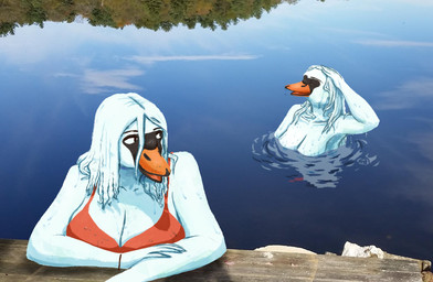 anthro beak big_breasts breasts cleavage clothed clothing docks female hair lake non-mammal_breasts photo_background solo wet orchid_petrol anatid anseriform anserine avian bird goose draw_over hi_res mixed_media photography_(artwork)