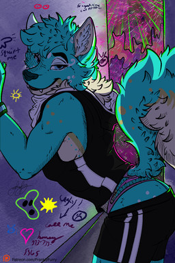 ambiguous_gender anthro arched_back clothed clothing fur gesture hair leaning leaning_forward leaning_on_wall looking_at_viewer open_mouth party rave smile solo suggestive suggestive_gesture tail teasing text franklyfurry misty_fox canid canine fox mammal 2:3 hi_res url