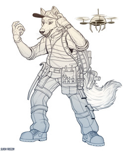 anthro cheek_tuft clothed clothing drone_(vehicle) electronics facial_tuft fangs hat headgear headphones headset headwear machine male male_anthro open_mouth simple_background solo standing teeth text tool_belt tools tuft whiskers slash_freezen canid canine mammal artist_name hi_res monochrome