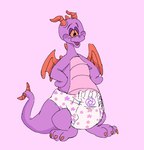 anthro claws clean_diaper clothed clothing diaper hands_on_hips horn male orange_body pink_background pink_body purple_body simple_background solo standing toe_claws wearing_diaper wings kippinz mythology dragon mythological_creature mythological_scalie scalie 2025 hi_res