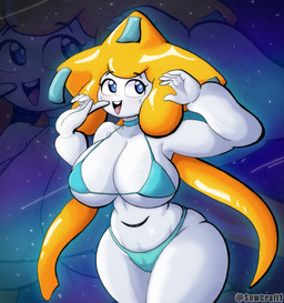abstract_background anthro anthrofied anthrofied_female big_breasts bikini blue_bikini blue_body blue_clothing blue_eyes blue_swimwear breasts camel_toe clothing female huge_breasts pokemorph solo swimwear two-piece_swimsuit white_body yellow_body sawcraft1 nintendo pokemon generation_3_pokemon jirachi legendary_pokemon pokemon_(species) 2025 absurd_res hi_res