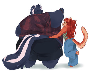 anthro barefoot big_butt black_body black_fur bottomwear butt clothing denim denim_bottomwear denim_clothing duo eye_contact feet female female/female fur hair half-closed_eyes holding_waist huge_butt jeans long_hair looking_at_another midriff narrowed_eyes obese obese_anthro obese_female orange_body orange_fur overweight overweight_anthro overweight_female pants raised_foot rear_view red_hair shirt short_hair shorts size_difference slim stripes t-shirt topwear sidemonch domestic_cat felid feline felis mammal mephitid skunk tabby_cat hi_res