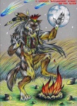 anthro claws dancing feathers male moon native paws solo text toe_claws watergazer_wolf canid canine canis mammal wolf colored_pencil_(artwork) colorful_theme english_text traditional_media_(artwork)