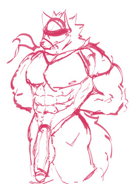 anthro big_penis blindfold genitals male mouth_closed muscular muscular_male penis solo canid canine canis mammal wolf absurd_res hi_res