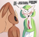 ambiguous_gender anthro biped black_sclera brown_body brown_fur dialogue duo frown fur green_body mouth_closed multicolored_body multicolored_fur open_mouth open_smile question_mark red_body red_eyes smile tan_body tan_fur tongue white_body saltyxodium nintendo pokemon gardevoir generation_3_pokemon generation_4_pokemon humanoid lopunny pokemon_(species)
