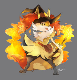 3_toes ambiguous_gender cheek_tuft clothing cute_fangs facial_tuft fangs fanny_pack feet fire grey_background hat headgear headwear holding_object inner_ear_fluff open_mouth orange_eyes orange_nose semi-anthro simple_background solo standing stick teeth toes tuft witch_hat yellow_body yami11arts nintendo pokemon braixen canid canine fox generation_6_pokemon mammal pokemon_(species) hi_res signature