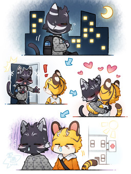 anthro anthro_on_anthro backpack black_body black_fur blush bottomwear city cityscape clothing crescent_moon day duo eyes_closed fur hand_holding heart_symbol hearts_around_head hug ill jacket kissing male male/male male_anthro moon night open_mouth open_smile pants pawpads pharmacy runny_nose shirt smile striped_body striped_fur stripes sun surprised tank_top topwear visit white_body white_fur x3 yellow_body yellow_fur unrealplace asamu_(unrealplace) raier_(unrealplace) domestic_cat felid feline felis mammal pantherine prionailurus 2026 3:4 absurd_res hi_res