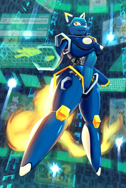 anthro areola blue_body breasts cyberspace female fire flaming_tail genitals glowing hologram machine mascot medium_breasts nipples smile solo tail text typing white_areola white_nipples smeargle20 e621 esix android domestic_cat felid feline felis mammal robot absurd_res digital_drawing_(artwork) digital_media_(artwork) english_text hi_res
