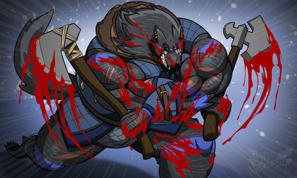anthro arm_hair armor axe battle_axe beard blind_eye blood bodily_fluids body_hair bracers covered_in_blood ear_piercing ear_ring eye_scar facial_hair facial_scar fangs fluffy fluffy_tail holding_object holding_weapon leg_hair male muscular muscular_arms muscular_legs muscular_male piercing ring_piercing scar snarling solo tail tattoo teeth weapon nethgoorat armello league_of_geeks fang_(armello) neth_rusiki_azhti canid canine canis mammal wolf 5:3 hi_res