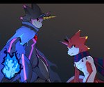 anthro belt black_body black_sclera cape clothing duo evolutionary_family glowing glowing_eyes horn male red_body scarf achziio bandai_namco digimon digimon_ghost_game betelgammamon digimon_(species) gulusgammamon hi_res