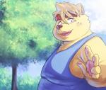 anthro belly clothing humanoid_hands male outside overweight overweight_anthro overweight_male plant shirt solo topwear tree guacamolesenpai inushishigami mouse_sully canid canine canis domestic_dog mammal 2019 absurd_res hi_res