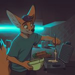 anthro batter big_ears black_nose bowl clothed clothing container cooking cutlery detailed_background food fur green_eyes hair inside kitchen kitchen_utensils looking_down male orange_body orange_fur plate shirt smile solo spoon standing t-shirt tools topwear whiskers ango76 canid canine fennec_fox fox mammal true_fox 1:1 digital_media_(artwork) hi_res