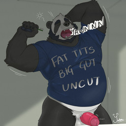 anthro balls beard belly blue_clothing blue_shirt blue_t-shirt blue_topwear bottomless brush chubby_cheeks clothed clothing erection facial_hair foreskin genitals glans humanoid_genitalia humanoid_penis just_woke_up male morning_wood nipple_outline open_mouth overweight overweight_anthro overweight_male pawpads paws penis shirt shirt_only slightly_chubby solo t-shirt t-shirt_only teeth_showing text throbbing throbbing_penis toothbrush topwear topwear_only yawn yawning_position yetsu fat_tits_big_gut_uncut meme_clothing yetsupanda bear giant_panda mammal 1:1 absurd_res english_text hi_res huge_filesize meme
