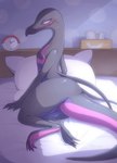 anthro bed blush bodily_fluids butt clock female furniture lying on_bed on_side pillow pokeball purple_sclera semi-anthro solo sweat sweatdrop tissue tissue_box under_covers wide_hips kajinchu nintendo pokemon generation_1_pokemon generation_7_pokemon pikachu pokemon_(species) salazzle hi_res