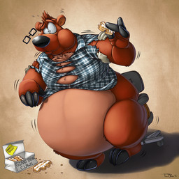 3_toes anthro barefoot belly biceps biped black_eyes black_nose body_hair bottomless bottomless_anthro bottomless_male box brown_body brown_fur brown_hair chair chest_hair claws clothed clothed_anthro clothed_male clothing container dessert doughnut eating eyewear feet food front_view fur furniture glasses hair holding_object inflation looking_at_viewer male male_anthro obese obese_anthro obese_male overweight overweight_anthro overweight_male pastry paws shirt simple_background sitting solo toes topwear teaselbone reggie_bear bear brown_bear grizzly_bear mammal ursine 2014 digital_media_(artwork) hi_res signature