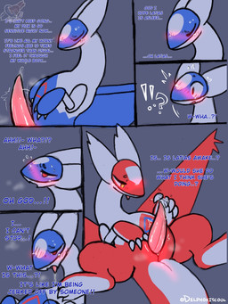 animal_genitalia animal_penis blush bodily_fluids drooling emenata eon_duo exclamation_point feral genital_fluids genital_slit genitals glistening glistening_genitalia glistening_penis gynomorph intersex legendary_duo male masturbation penis precum question_mark red_eyes saliva shared_senses sweat tapering_penis text yellow_eyes delphoxiscool nintendo pokemon generation_3_pokemon latias latios legendary_pokemon pokemon_(species) 3:4 comic english_description english_text hi_res signature brother_(lore) brother_and_sister_(lore) sibling_(lore) sister_(lore)