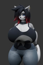 anthro armband big_breasts biped black_hair black_nose blue_eyes bottomwear bouncing_breasts breasts cleavage clothed clothing collar ear_piercing ear_ring female fully_clothed fur grey_body grey_fur hair huge_breasts nipples oversized_collar pants piercing ring_piercing shirt simple_background small_waist solo spiked_collar spikes standing tank_top thick_thighs topwear white_body white_fur wide_hips mrmeatlovers rumakis angelina_marie canid canine canis mammal wolf 2:3 3d_(artwork) 3d_animation animated blender_(artwork) digital_media_(artwork) hi_res no_sound short_playtime webm