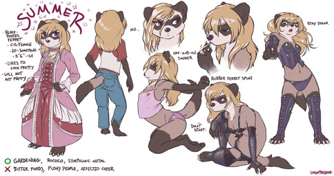 5_fingers 5_toes anthro arched_back barefoot biped blonde_hair bottomwear breasts brown_body brown_fur bustier cigarette claws clothed clothing collar command countershading cute_fangs denim denim_bottomwear denim_clothing dialogue dress eyelashes eyes_closed fangs feet female fingers fluffy fluffy_tail front_view fully_clothed fur furgonomic_bottomwear furgonomics garter_straps gesture gloves hair hand_gesture handwear hindpaw holding_lighter holding_object information jeans jewelry kneeling legwear lighter lingerie looking_aside looking_down looking_forward measurements multiple_poses navel necklace open_mouth panties pants pawpads paws pointing pointing_down pose purple_eyes purple_pawpads rear_view reclining shirt side_view skimpy smoking solo standing stats stockings stretching t-shirt tail tail_button_bottoms tail_clothing tan_body tan_countershading tank_top teeth text three-quarter_view toe_claws toes topwear underwear gavbat summer_(unimpressive) domestic_ferret mammal mustelid musteline true_musteline weasel 2020 character_name english_text flat_colors hi_res model_sheet