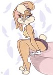 anthro bottomwear buckteeth carrot carrot_pattern clothing crop_top female food hotpants midriff plant shirt shorts sitting solo teeth topwear vegetable roger_bacon looney_tunes warner_brothers lola_bunny lagomorph leporid mammal rabbit hi_res