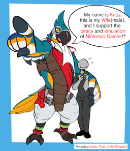 anklet anthro arm_around_partner arm_around_waist armor avian_feet beak black_clothing black_footwear black_shoes blue_body blue_feathers blush bottomwear brown_clothing brown_topwear clothing dialogue duo feathers feet footwear gesture grey_body grey_bottomwear grey_clothing grey_feathers grey_pants grey_shirt grey_topwear hand_gesture jewelry looking_at_viewer male male/male pants pointing pointing_at_viewer shirt shitpost simple_background size_difference smile tail tail_feathers talons text toes topwear white_body white_feathers winged_arms wings yellow_body yellow_eyes yellow_feathers 60percentscalie breath_of_the_wild nintendo tears_of_the_kingdom the_legend_of_zelda anon kass_(tloz) avian bird human mammal rito english_text hi_res meme