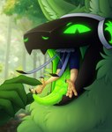 ambiguous_gender anthro avian_feet bodily_fluids claws duo feathers forest forest_background fur glowing glowing_eyes green_body green_eyes green_fur in_mouth inner_ear_fluff machine nature nature_background neck_tuft plant saliva saliva_string tail tail_feathers toe_claws tongue tongue_out tree tuft vore zegzagun avian bird protogen absurd_res hi_res