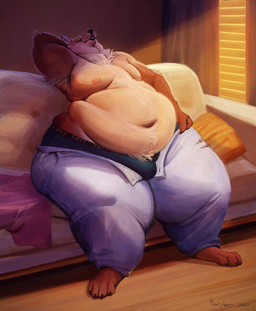 anthro belly belly_rolls big_belly big_butt body_hair bottom_heavy bottomwear bulge butt clothed clothing deep_navel digitigrade fat_rolls furniture hand_behind_head happy_trail huge_belly huge_butt male moobs navel nipples obese obese_male open_bottomwear open_clothing open_pants overweight overweight_male pants raised_arm relaxing sofa solo topless topless_male torn_bottomwear torn_clothing torn_pants undressing wide_hips pearybear canid canine canis domestic_dog mammal hi_res