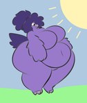 anthro beak belly big_belly big_breasts big_butt bloated breasts butt curvy_figure deep_navel eyelashes feathers featureless_breasts featureless_crotch female hair huge_belly huge_breasts huge_butt huge_hips navel non-mammal_breasts nude one_eye_obscured one_eye_obstructed outside overweight overweight_anthro overweight_female ponytail purple_body purple_hair smile solo sun tail tail_feathers thick_thighs voluptuous voluptuous_anthro voluptuous_female wide_hips wings swallowpancakes jinx_(jinx_birdy) avian bird digital_media_(artwork) hi_res