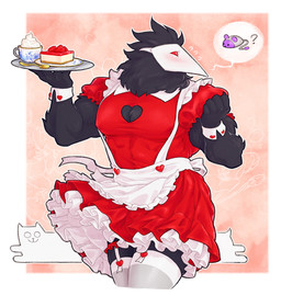 abs alternative_fashion anthro black_body black_feathers blush cleavage_cutout clothed clothing crossdressing cutout dress feathers frilly j-fashion lolita_(fashion) maid_uniform male mask muscular muscular_anthro muscular_male nipple_outline nipples pecs solo sweet_lolita uniform waiter_tray theslowesthnery deltarune undertale_(series) annoying_dog_(undertale) avian darkner swatchling 2021 hi_res