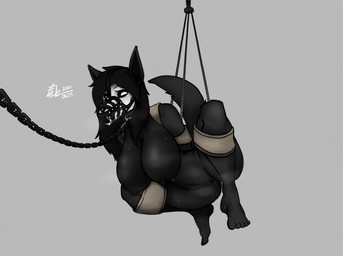 anthro arms_tied bdsm black_body black_fur black_hair bodily_fluids bondage bone bound breasts chain drooling feet female frogtied fur gag genitals hair hands_behind_back hanging_breasts humanoid_feet legs_tied muzzle_(object) muzzled plantigrade saliva skull skull_head solo suspension sweat vulva coalcat scp_foundation scp-1471-a canid canine malo mammal monster 2020 story