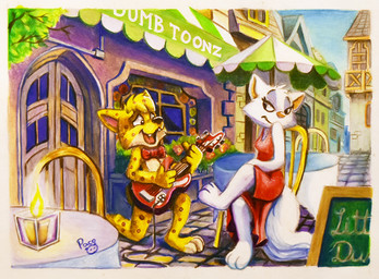 anthro black_nose blonde_hair chair closed_smile duo electric_guitar facial_spots female female_anthro fur furniture guitar hair head_tuft holding_guitar holding_musical_instrument holding_object kneeling male male_anthro mouth_closed musical_instrument open_mouth open_smile outside playing_guitar playing_music plucked_string_instrument sitting smile spotted_arms spotted_face spotted_legs string_instrument table teeth tuft white_body white_fur yellow_body yellow_fur pandapaco felid mammal