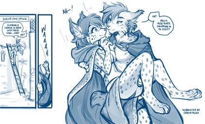 anthro arm_tuft biped blush breasts butt cheek_tuft claws clothed clothed_anthro clothed_female clothed_male clothing dialogue duo elbow_tuft facial_tuft feet female fingers front_view fur greeting hair hooded_cloak male markings pawpads smile spots spotted_body spotted_fur spotted_markings spotted_tail standing tail tail_markings text toes tuft conditional_dnp tom_fischbach twokinds alice_reed prince_sorrel felid feline keidran lynx mammal 2026 blue_and_white digital_drawing_(artwork) digital_media_(artwork) english_text hi_res monochrome