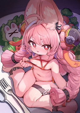 anthro biped breasts clothed clothing ear_piercing ear_ring eyelashes female fur hair high-angle_view legband looking_at_viewer nipple_outline nipples piercing pink_body pink_hair pupils red_eyes ring_piercing small_breasts smile solo thick_thighs thighband tongue tongue_out wide_hips nyankone mihoyo zenless_zone_zero zhao_(zenless_zone_zero) lagomorph leporid mammal rabbit absurd_res hi_res