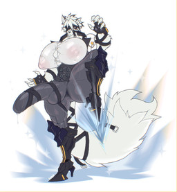 anthro balls balls_outline big_balls big_breasts big_penis breasts bulge button_(fastener) clothing cybernetic_leg cybernetic_limb detailed_bulge erection erection_under_clothing eye_patch eyewear fur genital_outline genitals gynomorph huge_balls huge_breasts huge_penis intersex kick penis penis_outline solo straining_buttons thick_thighs white_body white_fur wide_hips lunionjpeg mihoyo zenless_zone_zero von_lycaon canid canine canis mammal thiren wolf